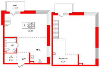 Квартира в ЖК Лисино, 1 комнатная, 61.7 м², 4 этаж