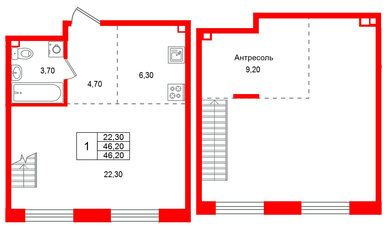 Квартира в ЖК Лисино, 1 комнатная, 46.2 м², 4 этаж