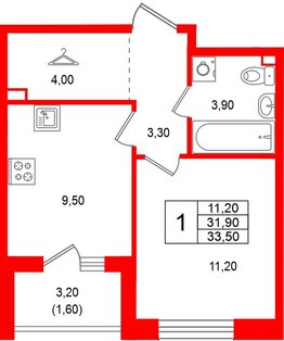 Квартира в ЖК Лисино, 1 комнатная, 35.1 м², 2 этаж