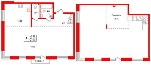 Квартира в ЖК Лисино, 1 комнатная, 88.7 м², 4 этаж