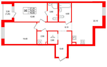 Квартира в ЖК Лисино, 2 комнатная, 78.1 м², 1 этаж