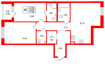 Квартира в ЖК Лисино, 2 комнатная, 78.5 м², 2 этаж