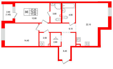 Квартира в ЖК Лисино, 2 комнатная, 78.5 м², 3 этаж