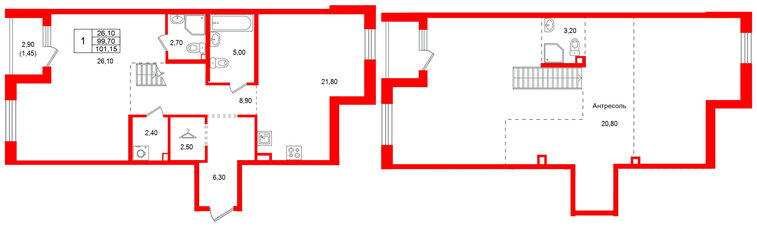 Квартира в ЖК Лисино, 1 комнатная, 102.6 м², 4 этаж