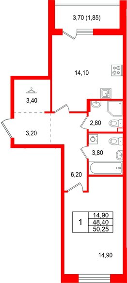 Квартира в ЖК Лисино, 1 комнатная, 52.1 м², 1 этаж