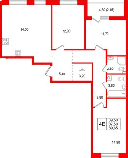 Квартира в ЖК Лисино, 3 комнатная, 91.8 м², 2 этаж