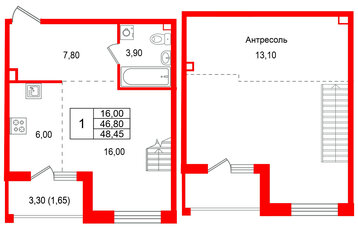 Квартира в ЖК Лисино, 1 комнатная, 50.1 м², 4 этаж