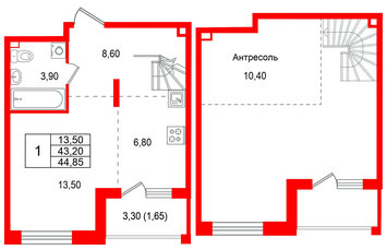 Квартира в ЖК Лисино, 1 комнатная, 46.5 м², 4 этаж