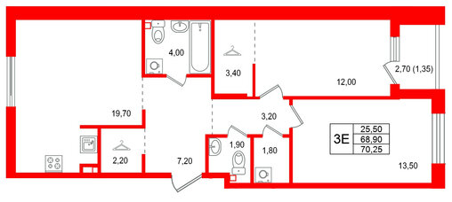 Квартира в ЖК Лисино, 2 комнатная, 71.6 м², 2 этаж