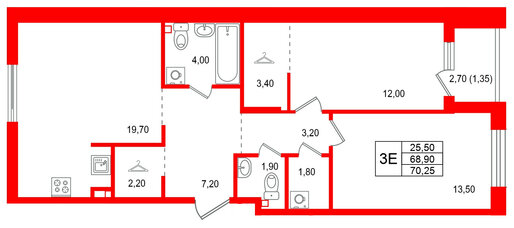 Квартира в ЖК Лисино, 2 комнатная, 71.6 м², 3 этаж