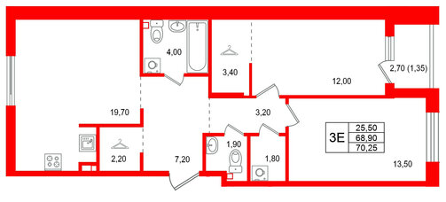 Квартира в ЖК Лисино, 2 комнатная, 71.6 м², 4 этаж