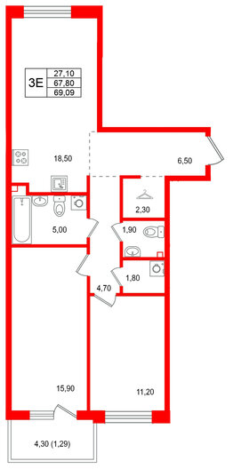 Квартира в ЖК Лисино, 2 комнатная, 72.1 м², 2 этаж