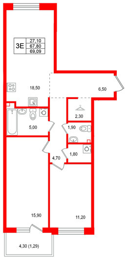 Квартира в ЖК Лисино, 2 комнатная, 72.1 м², 3 этаж