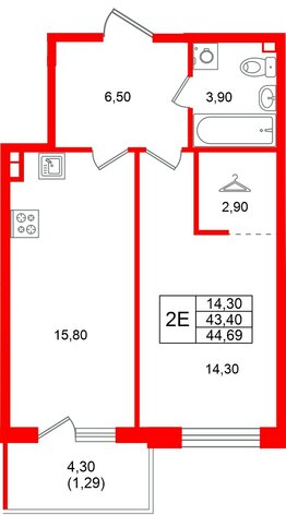 Квартира в ЖК Лисино, 1 комнатная, 47.7 м², 3 этаж