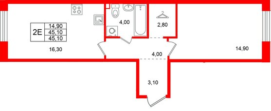 Квартира в ЖК Лисино, 1 комнатная, 45.1 м², 3 этаж