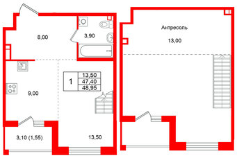 Квартира в ЖК Лисино, 1 комнатная, 50.5 м², 4 этаж