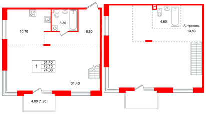 Квартира в ЖК Лисино, 1 комнатная, 77.1 м², 4 этаж