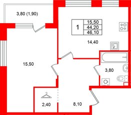 Квартира в ЖК Лисино, 1 комнатная, 48 м², 2 этаж