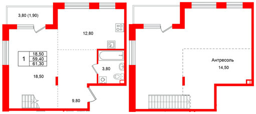Квартира в ЖК Лисино, 1 комнатная, 63.2 м², 4 этаж