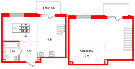 Квартира в ЖК Лисино, 1 комнатная, 51.3 м², 4 этаж