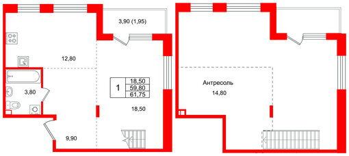 Квартира в ЖК Лисино, 1 комнатная, 63.7 м², 4 этаж