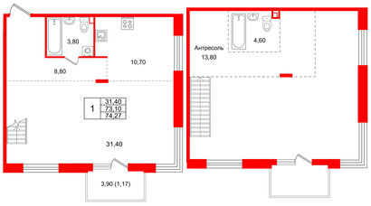 Квартира в ЖК Лисино, 1 комнатная, 77 м², 4 этаж