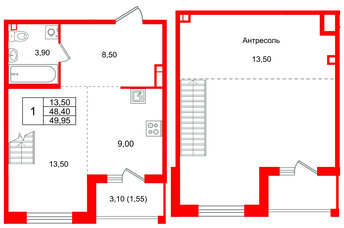Квартира в ЖК Лисино, 1 комнатная, 51.5 м², 4 этаж