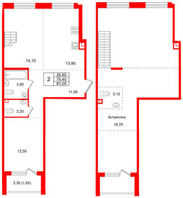 Квартира в ЖК Лисино, 2 комнатная, 82.7 м², 4 этаж