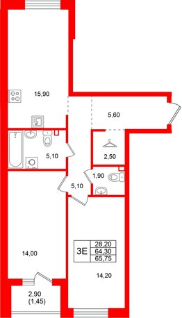 Квартира в ЖК Лисино, 2 комнатная, 67.2 м², 2 этаж