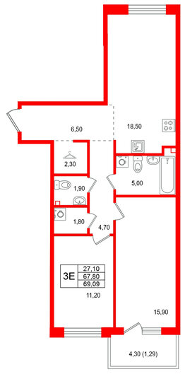Квартира в ЖК Лисино, 2 комнатная, 72.1 м², 3 этаж