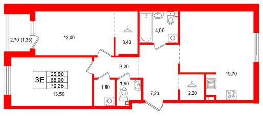 Квартира в ЖК Лисино, 2 комнатная, 71.6 м², 2 этаж