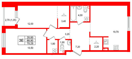 Квартира в ЖК Лисино, 2 комнатная, 71.6 м², 3 этаж