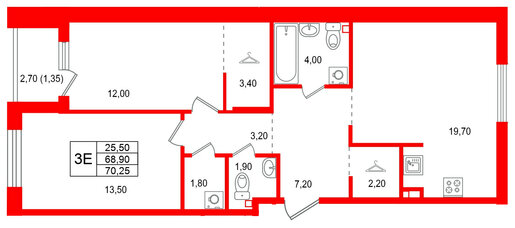 Квартира в ЖК Лисино, 2 комнатная, 71.6 м², 4 этаж
