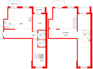 Квартира в ЖК Лисино, 3 комнатная, 119.8 м², 4 этаж