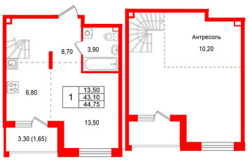 Квартира в ЖК Лисино, 1 комнатная, 46.4 м², 4 этаж