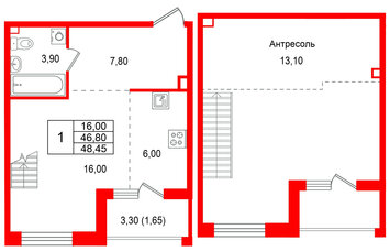 Квартира в ЖК Лисино, 1 комнатная, 50.1 м², 4 этаж