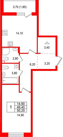 Квартира в ЖК Лисино, 1 комнатная, 52.1 м², 1 этаж