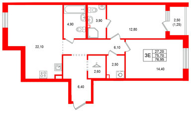 Квартира в ЖК Лисино, 2 комнатная, 78.2 м², 1 этаж