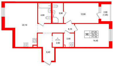 Квартира в ЖК Лисино, 2 комнатная, 78.6 м², 3 этаж