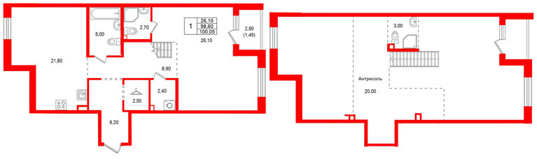 Квартира в ЖК Лисино, 1 комнатная, 101.5 м², 4 этаж