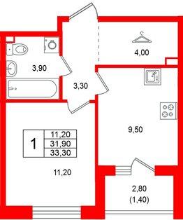 Квартира в ЖК Лисино, 1 комнатная, 34.7 м², 1 этаж