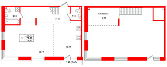 Квартира в ЖК Лисино, 1 комнатная, 72.4 м², 4 этаж