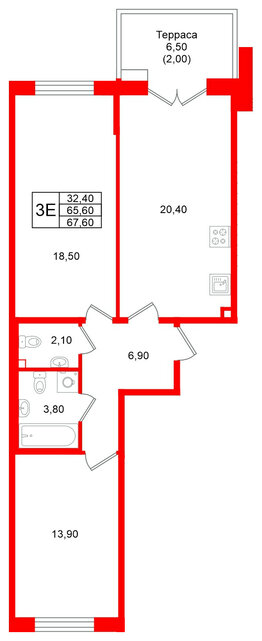 Квартира в ЖК Кронунг Юг, 2 комнатная, 67.6 м², 1 этаж