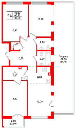Квартира в ЖК Кронунг Юг, 3 комнатная, 97.5 м², 8 этаж