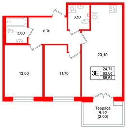 Квартира в ЖК Кронунг Юг, 2 комнатная, 65.6 м², 1 этаж