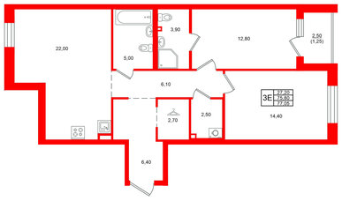 Квартира в ЖК Лисино, 2 комнатная, 78.3 м², 1 этаж