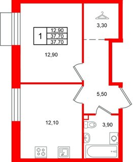 Квартира в ЖК Лисино, 1 комнатная, 37.7 м², 2 этаж