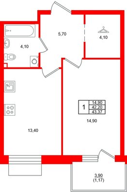 Квартира в ЖК Лисино, 1 комнатная, 46.1 м², 4 этаж