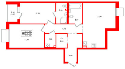 Квартира в ЖК Лисино, 2 комнатная, 78.6 м², 3 этаж