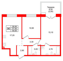 Квартира в ЖК Кронунг Юг, 2 комнатная, 59 м², 1 этаж